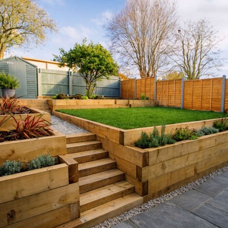 Escalier exterieur realise avec traverses paysageres en chene pour amenagement jardin en pente