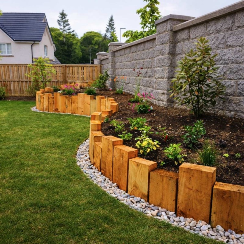 Amenagement de massif paysager avec bordure courbe en traverse paysagere chene