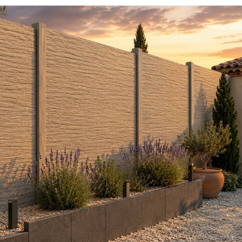 Poteaux intermédiaires en béton ton pierre pour clôture béton dans un jardin