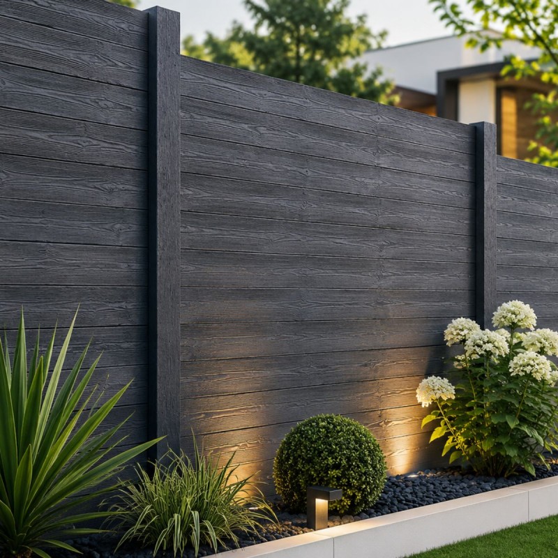 Poteau de finition en béton anthracite avec clôture béton imitation bois dans un jardin contemporain.