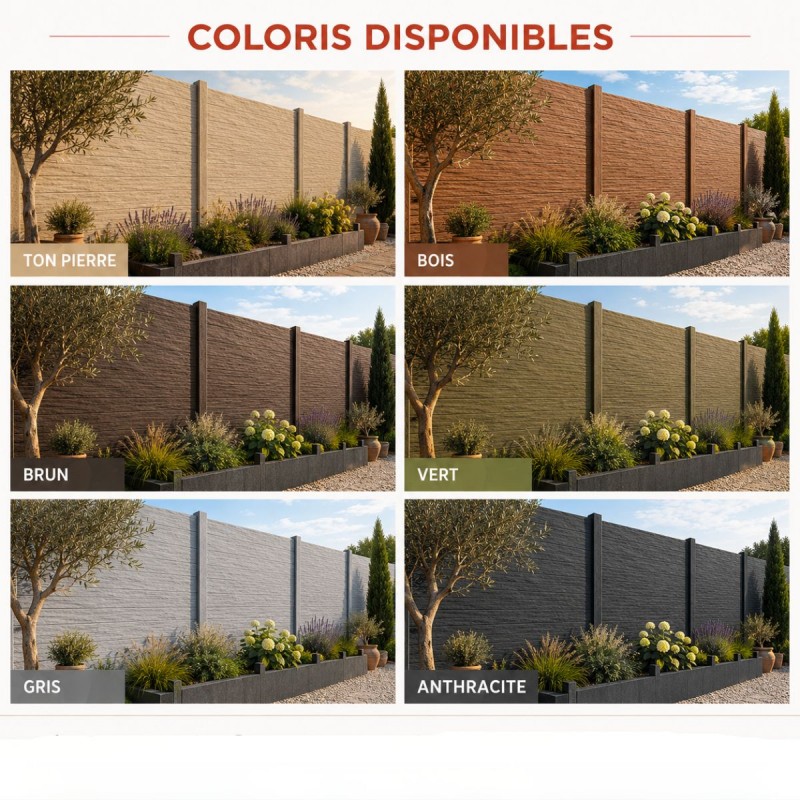 Poteau de finition pour clôture béton disponible en coloris ton pierre, bois, brun, vert, gris et anthracite.