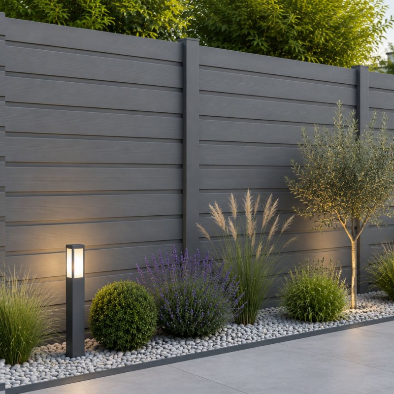 Poteau béton angle anthracite avec clôture imitation lames bois dans un jardin contemporain.