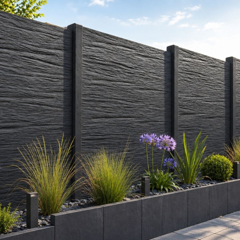 Poteau béton angle anthracite avec clôture imitation pierre dans un jardin moderne.