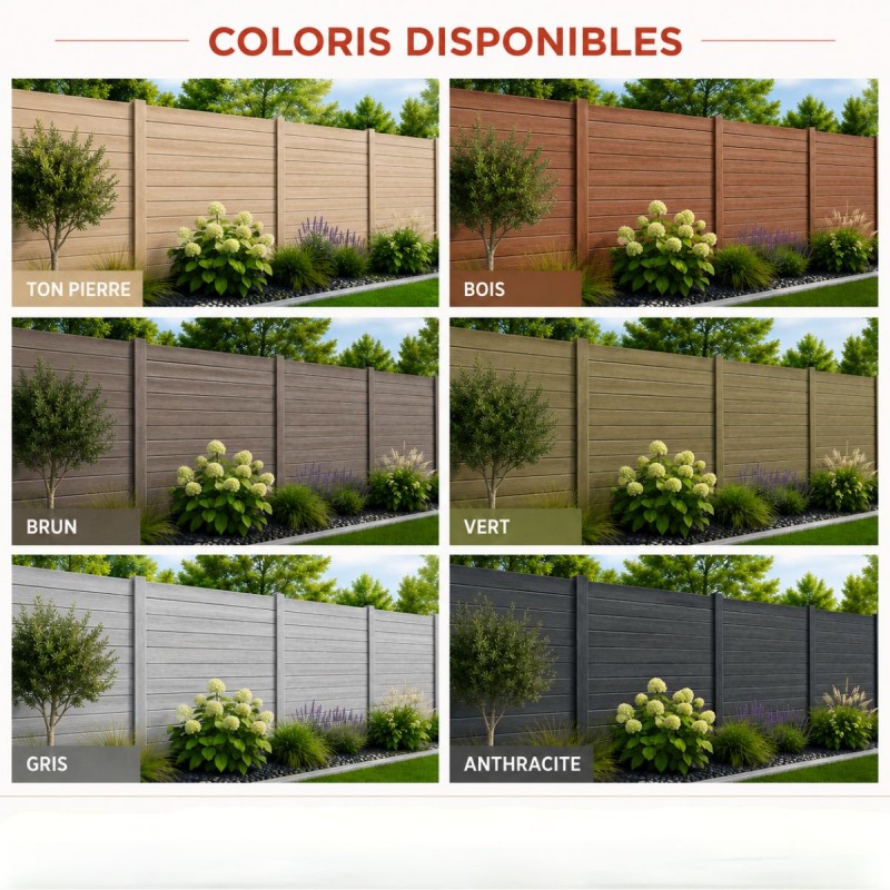 Clôture béton imitation lames bois disponible en coloris ton pierre, bois, brun, vert, gris et anthracite.