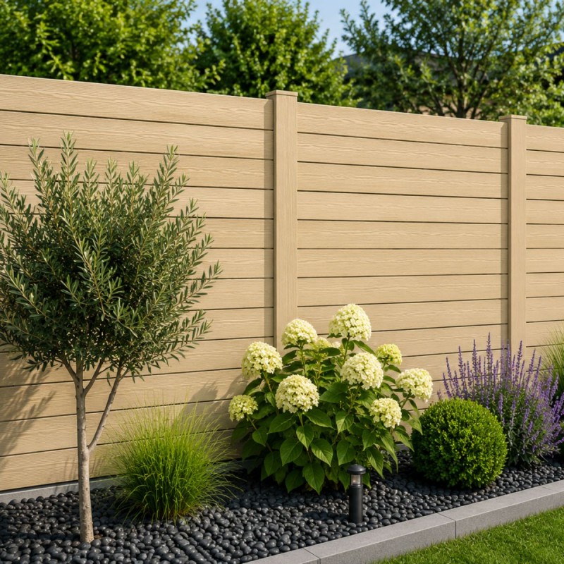 Clôture béton imitation lames bois coloris bois dans un jardin avec massifs paysagers.