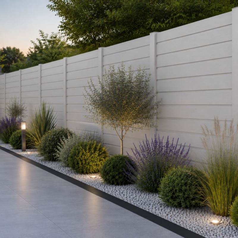 Clôture béton imitation panneau bois coloris ton pierre dans un jardin paysager