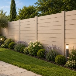 Clôture béton imitation panneau bois coloris bois avec aménagement paysager